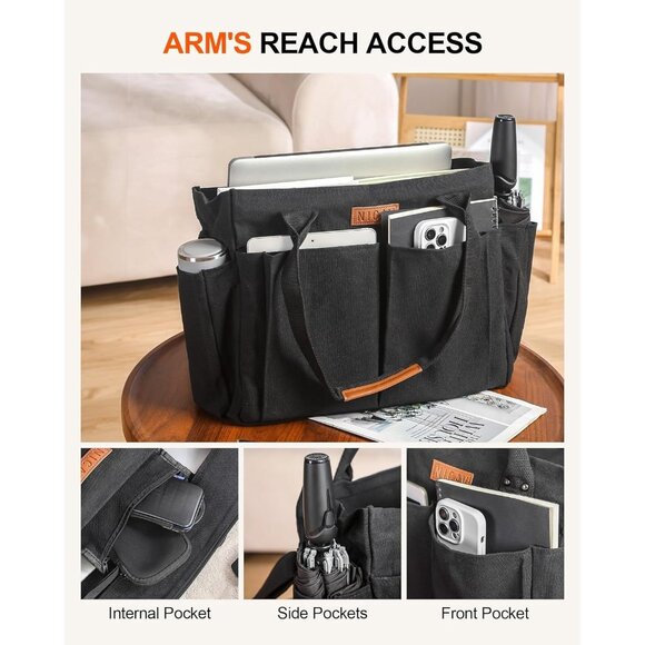 Women's Black 2 Tote Bags Large Utility Bags with Pockets Zip for Teacher Work - Picture 4 of 7